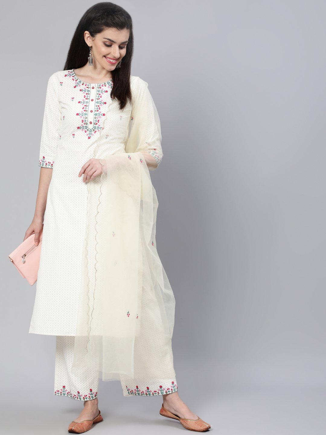 Women Cream Embroidered Straight Kurta With Plazo & Dupatta