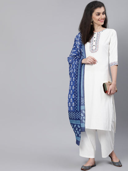 Women Cream Embroidered Kurta With Plazo & Dupatta