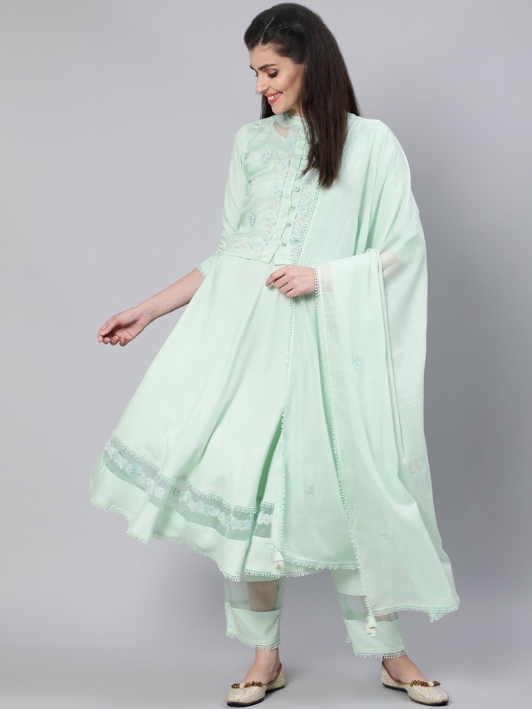 Women Pastel Green  Embroidered Flared Kurta With Jacket,Plazo & Dupatta