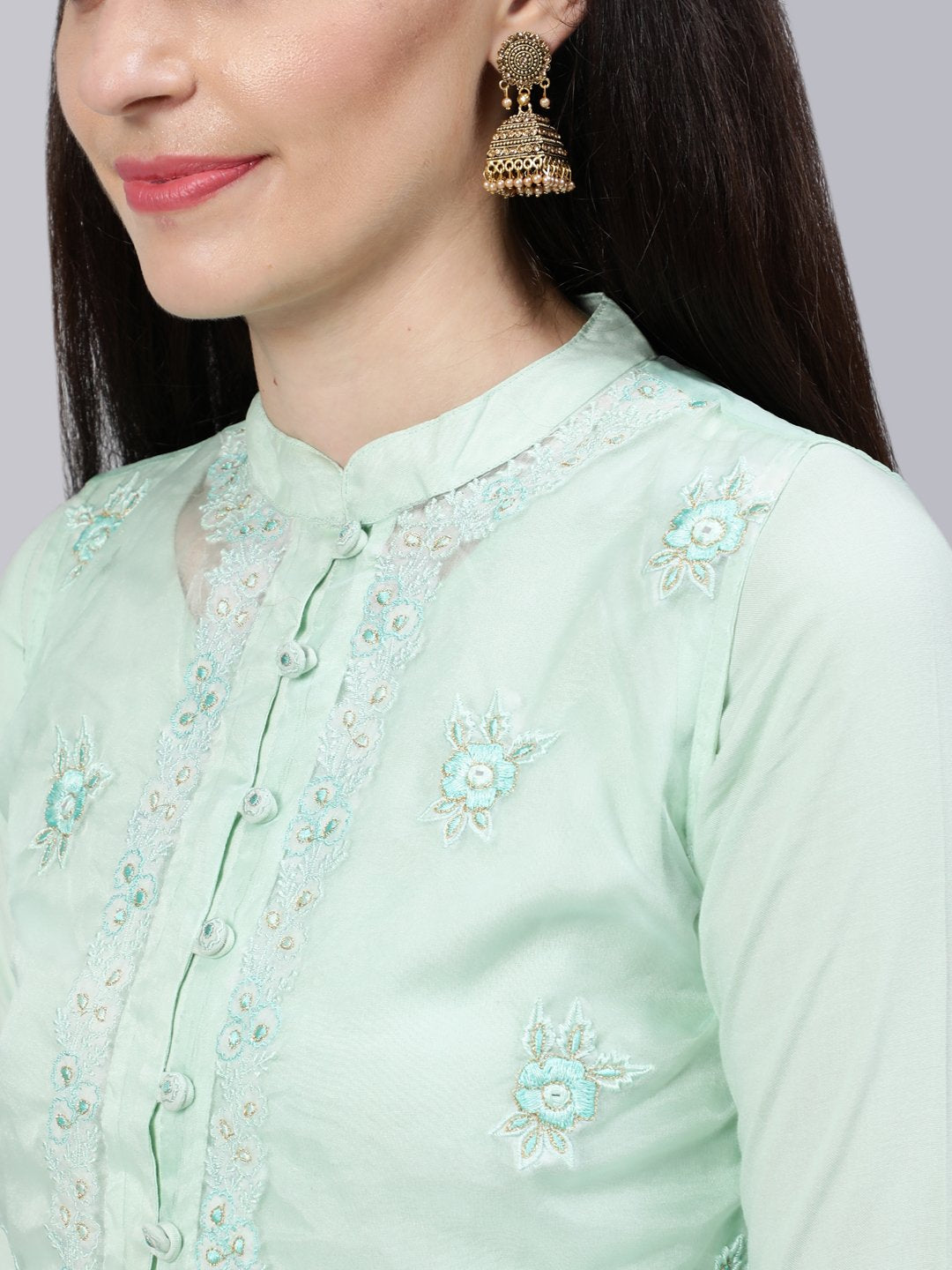 Women Pastel Green  Embroidered Flared Kurta With Jacket,Plazo & Dupatta