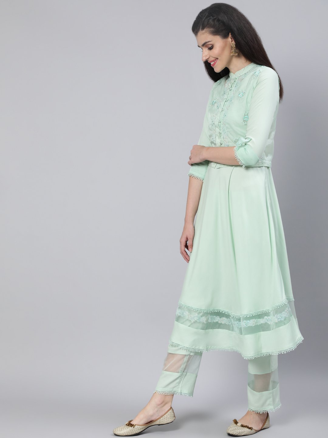 Women Pastel Green  Embroidered Flared Kurta With Jacket,Plazo & Dupatta