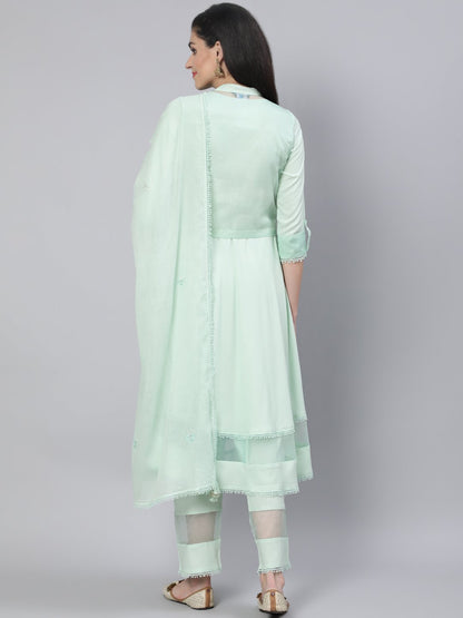 Women Pastel Green  Embroidered Flared Kurta With Jacket,Plazo & Dupatta