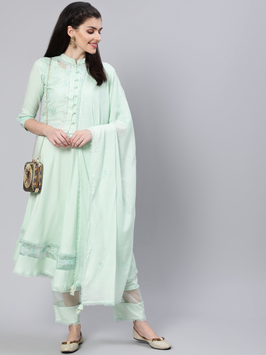 Women Pastel Green  Embroidered Flared Kurta With Jacket,Plazo & Dupatta