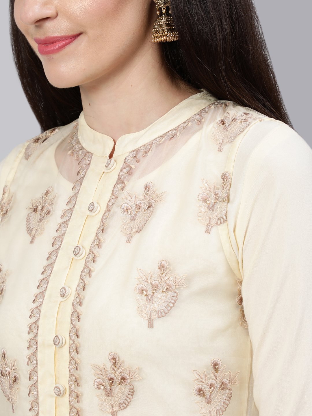 Women Cream Embroidered Flared Kurta With Jacket,Plazo & Dupatta