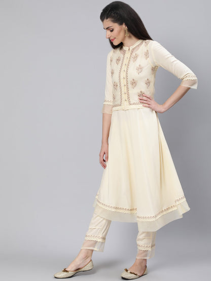 Women Cream Embroidered Flared Kurta With Jacket,Plazo & Dupatta