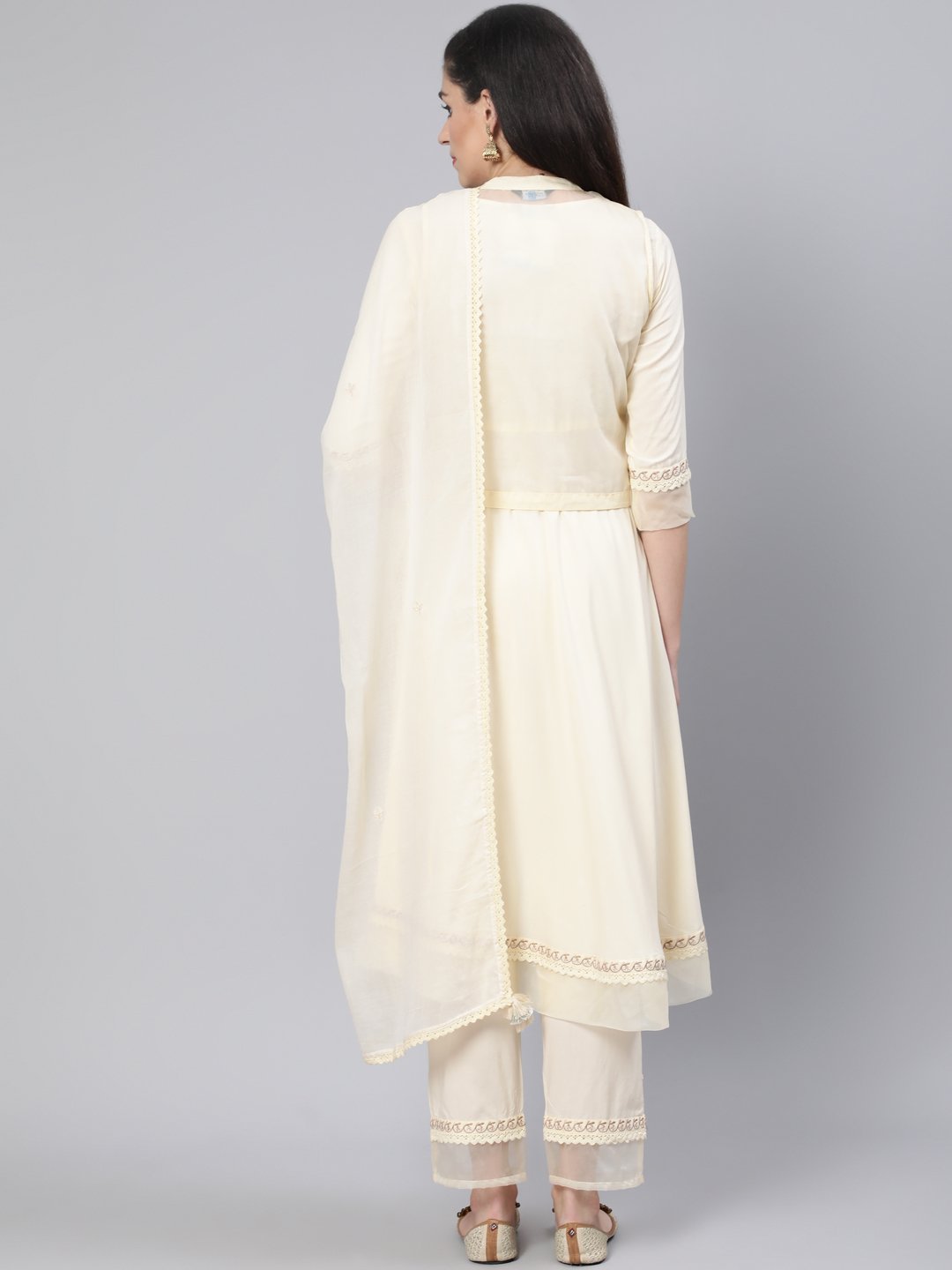 Women Cream Embroidered Flared Kurta With Jacket,Plazo & Dupatta