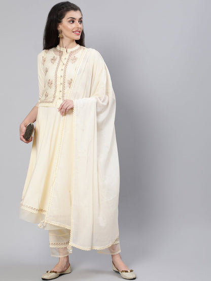 Women Cream Embroidered Flared Kurta With Jacket,Plazo & Dupatta