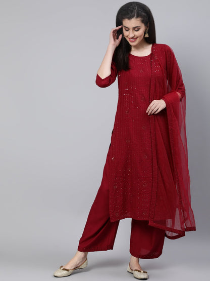 Women Maroon Sequened Straight Kurta With Plazo & Dupatta