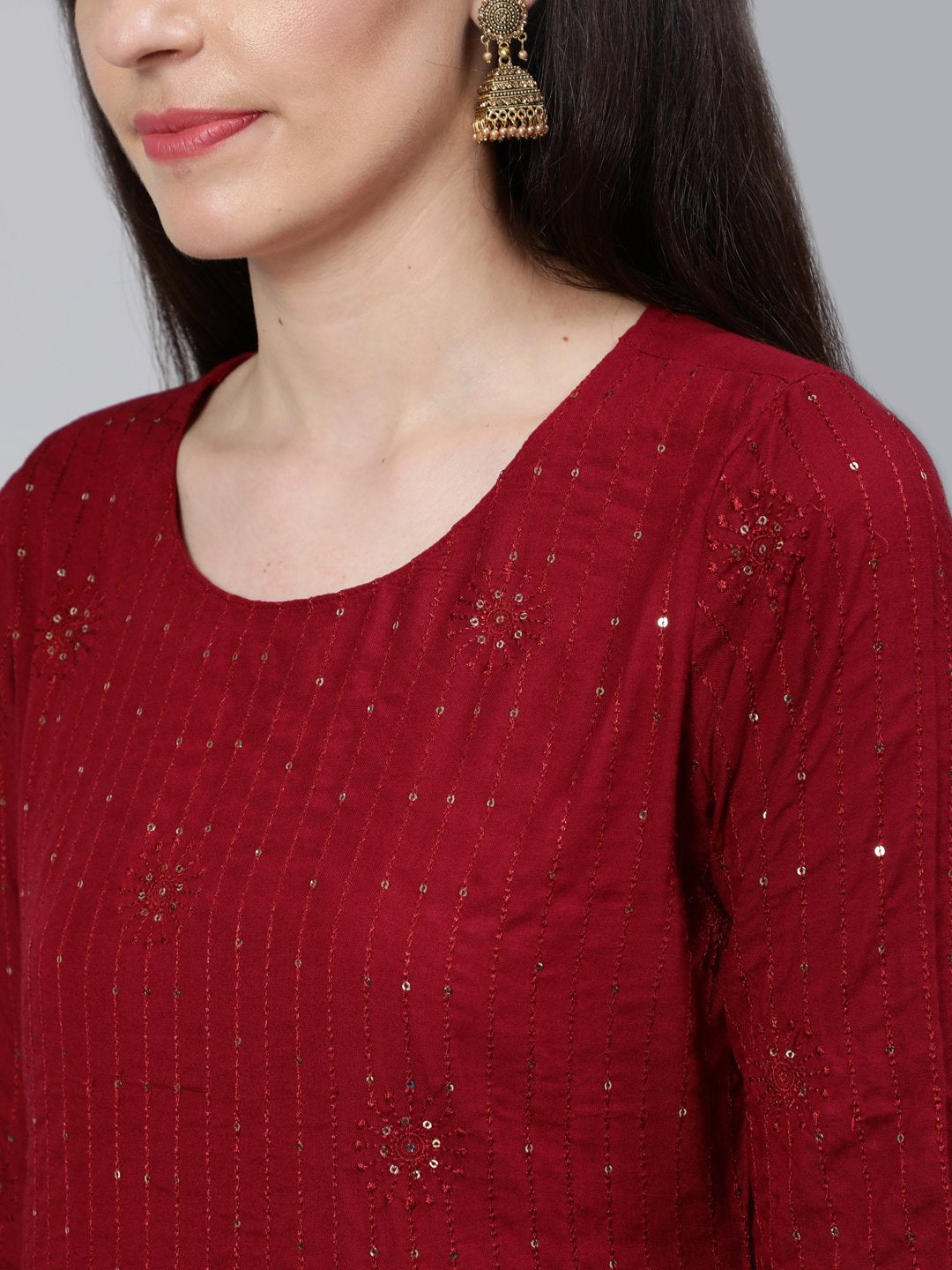 Women Maroon Sequened Straight Kurta With Plazo & Dupatta