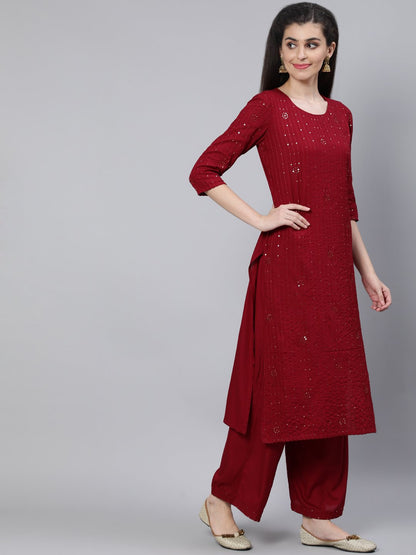 Women Maroon Sequened Straight Kurta With Plazo & Dupatta