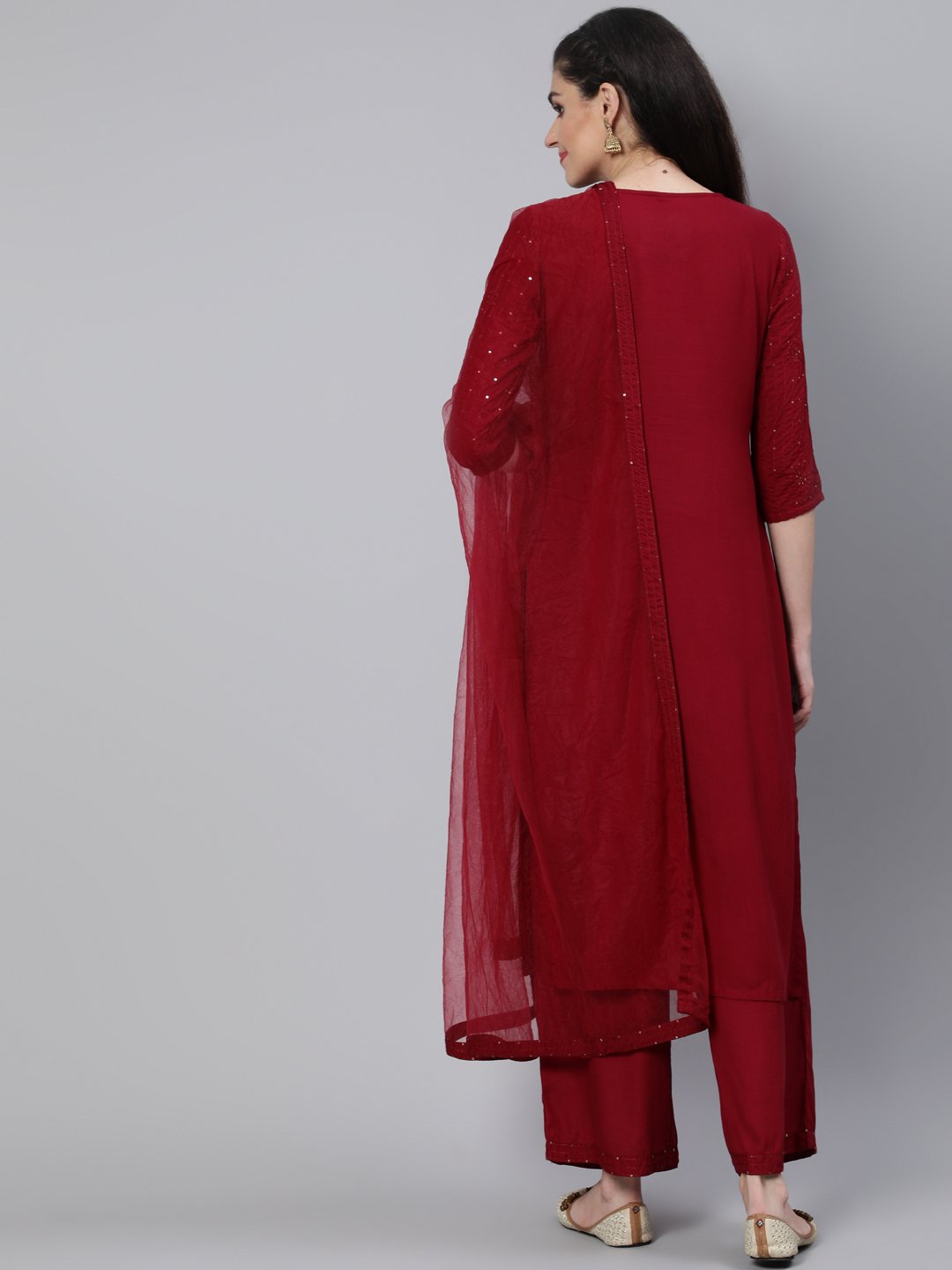 Women Maroon Sequened Straight Kurta With Plazo & Dupatta