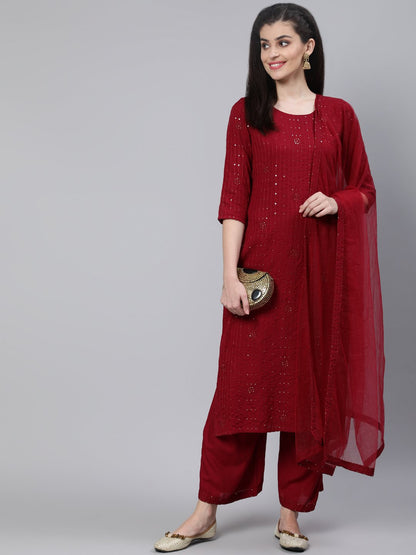 Women Maroon Sequened Straight Kurta With Plazo & Dupatta