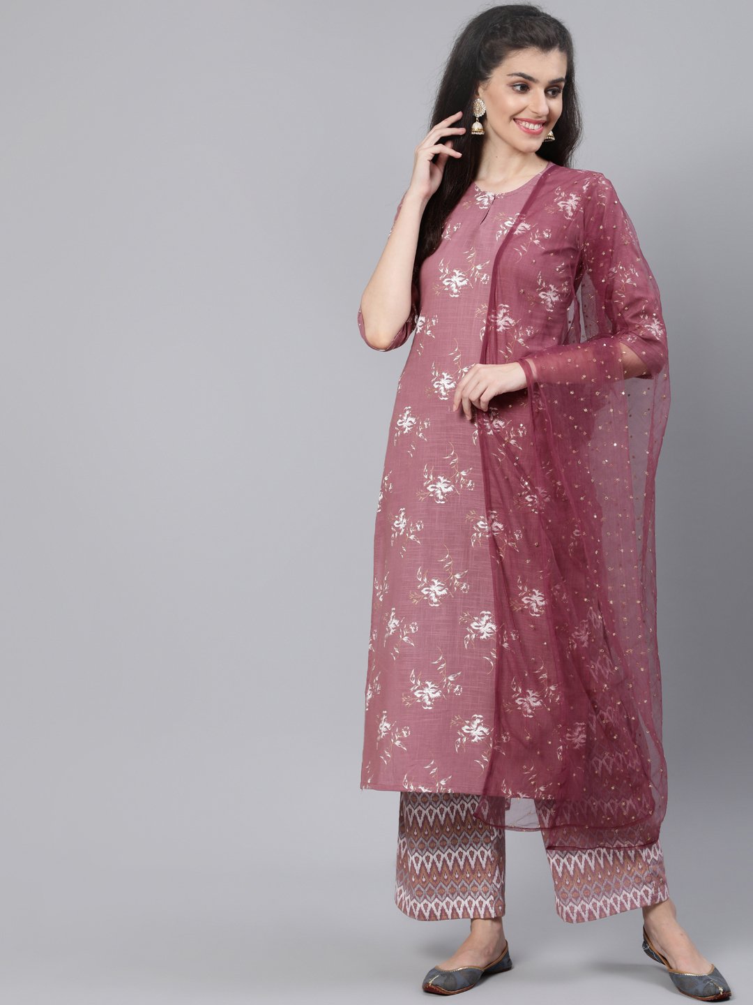 Women Pink Straight Kurta With Plazo & Sequened Dupatta