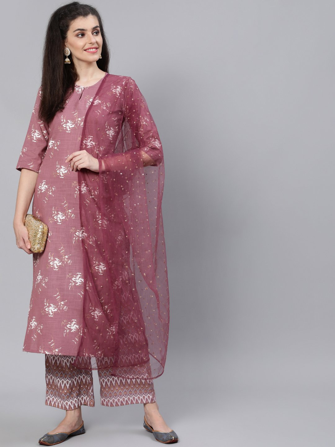 Women Pink Straight Kurta With Plazo & Sequened Dupatta