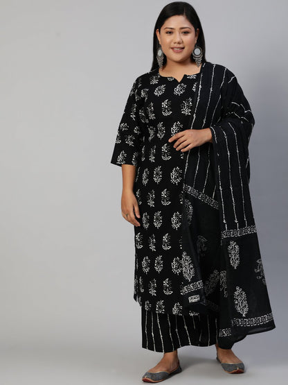 Women Black Printed Straight Kurta With Plazo & Dupatta