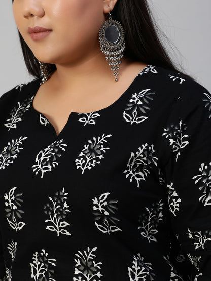 Women Black Printed Straight Kurta With Plazo & Dupatta