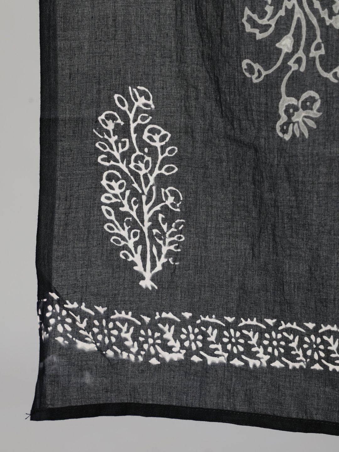 Women Black Printed Straight Kurta With Plazo & Dupatta