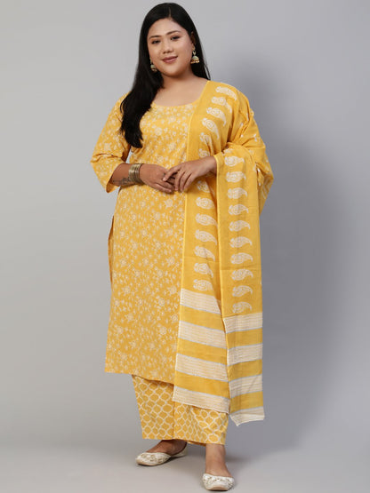 Women Yellow & Glitter Printed Straight Kurta With Plazo & Dupatta