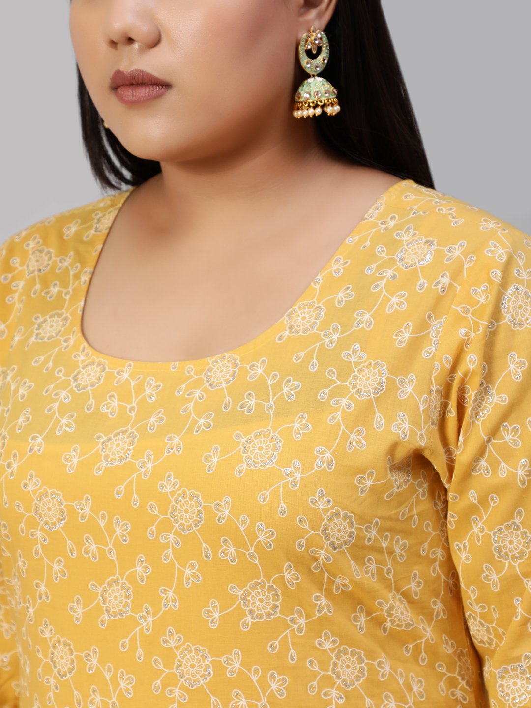 Women Yellow & Glitter Printed Straight Kurta With Plazo & Dupatta