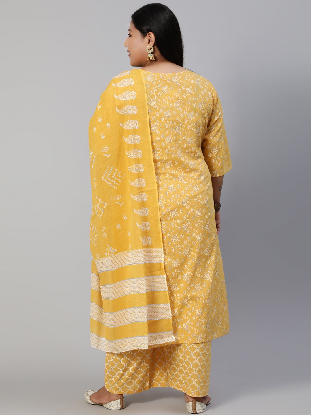 Women Yellow & Glitter Printed Straight Kurta With Plazo & Dupatta