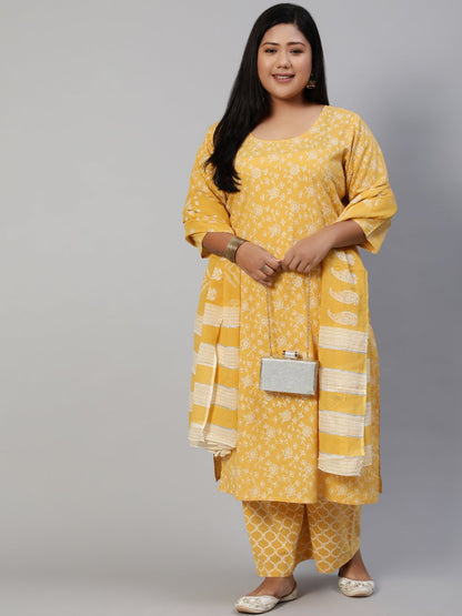 Women Yellow & Glitter Printed Straight Kurta With Plazo & Dupatta