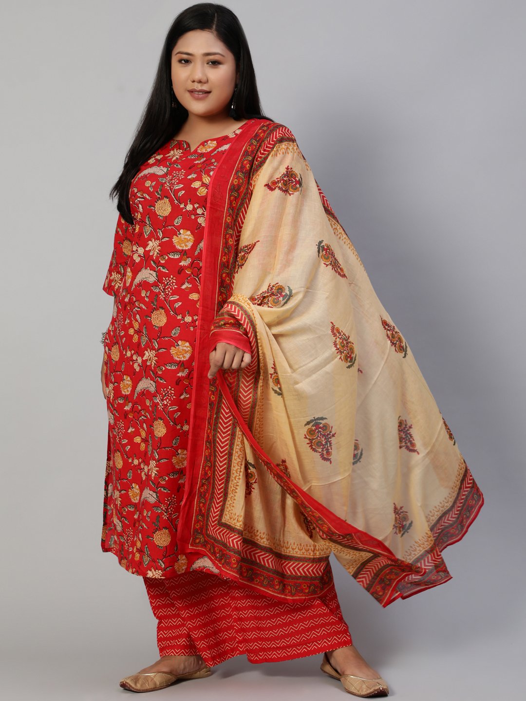 Women Red Printed Straight Kurta With Plazo & Dupatta