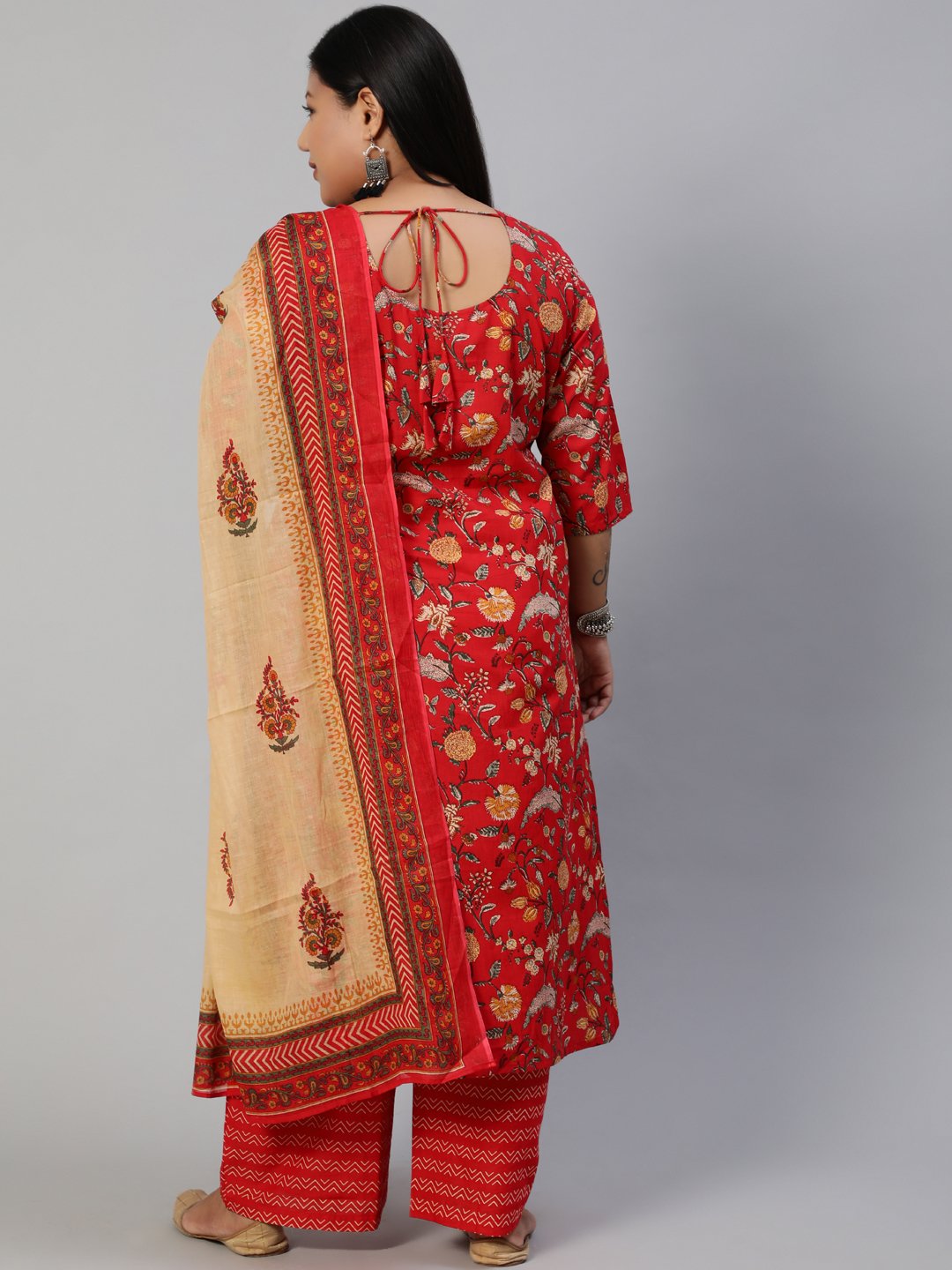 Women Red Printed Straight Kurta With Plazo & Dupatta