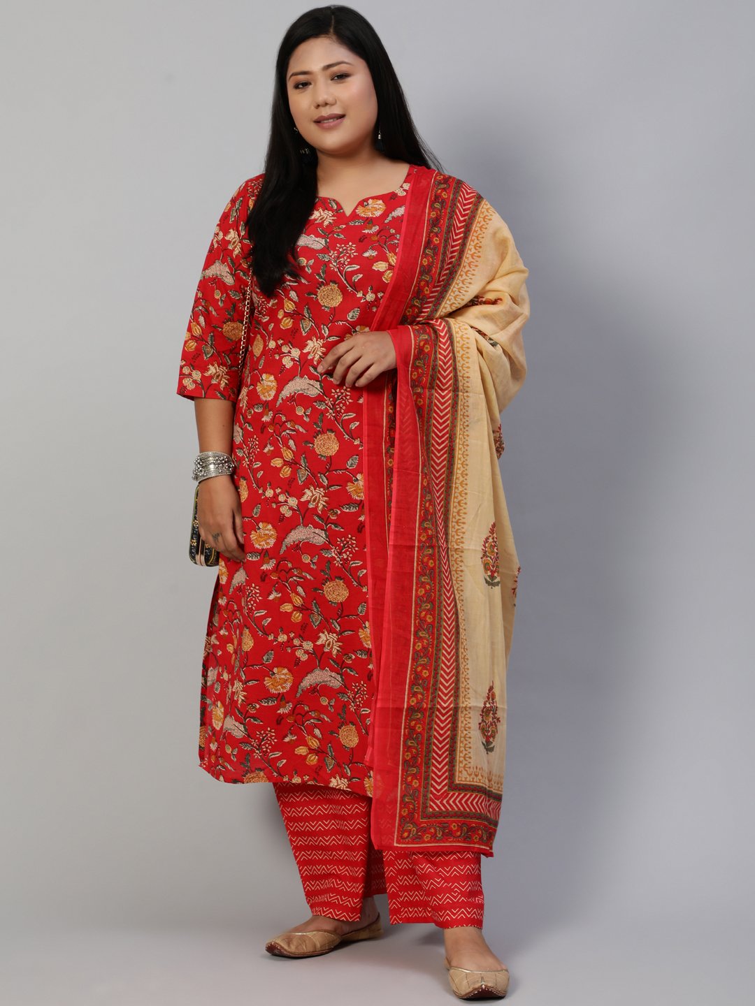 Women Red Printed Straight Kurta With Plazo & Dupatta