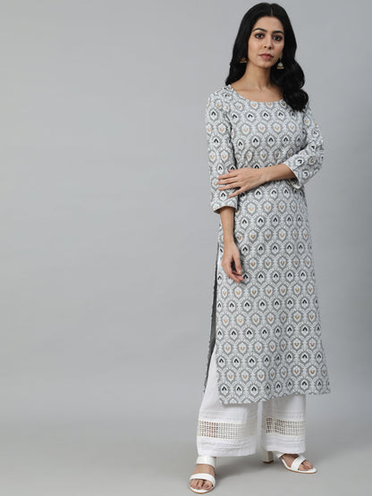 Women Grey Printed Straight Kurta With Plazo & Dupatta