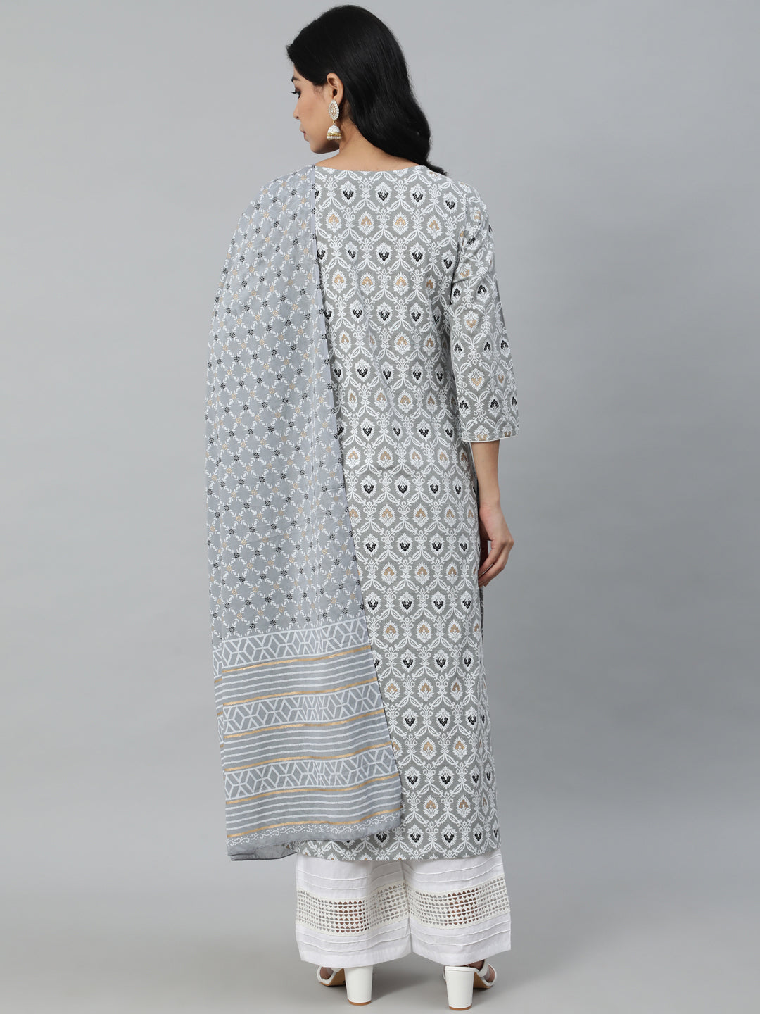 Women Grey Printed Straight Kurta With Plazo & Dupatta