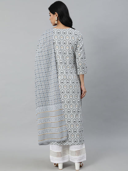 Women Grey Printed Straight Kurta With Plazo & Dupatta