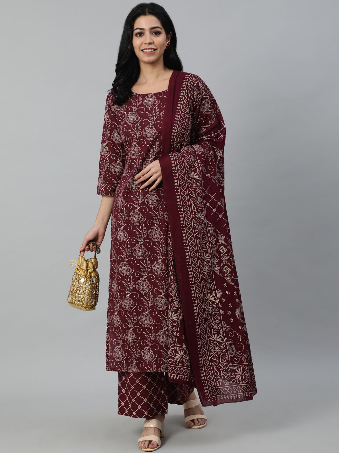 Women Burgundy Straight Kurta With Plazo & Duptta