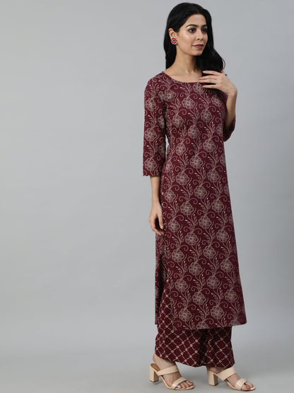 Women Burgundy Straight Kurta With Plazo & Duptta