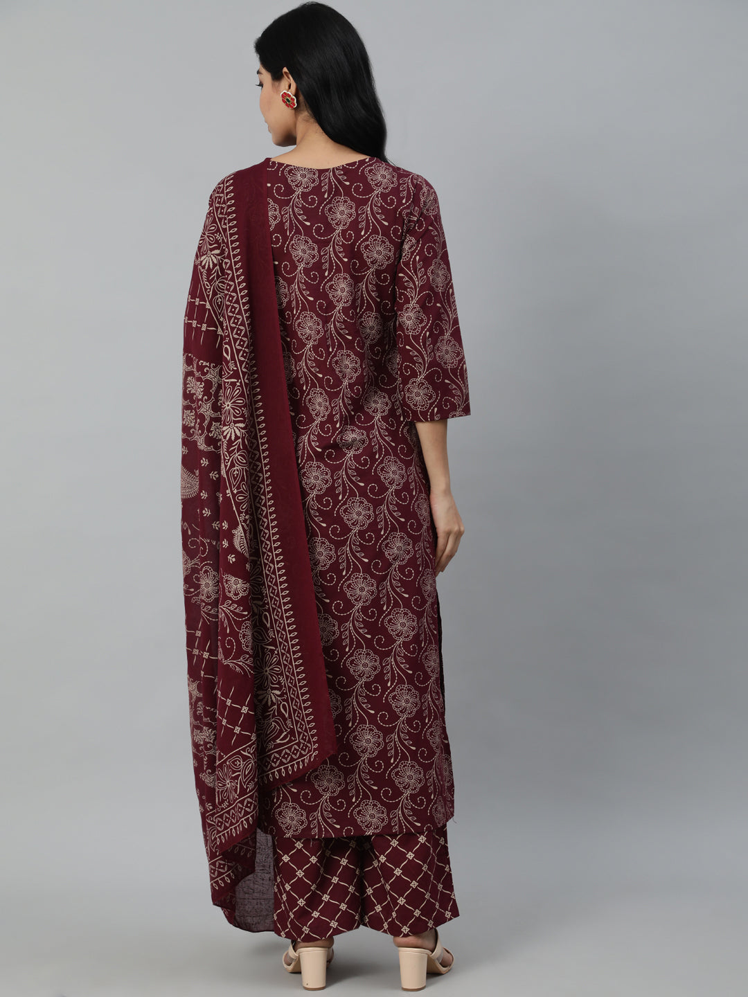 Women Burgundy Straight Kurta With Plazo & Duptta