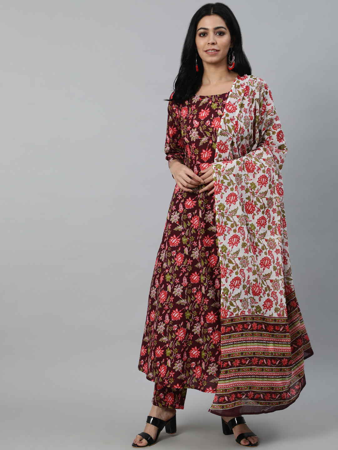 Women Burgundy Printed Flared Kurta With Trouser & Dupatta