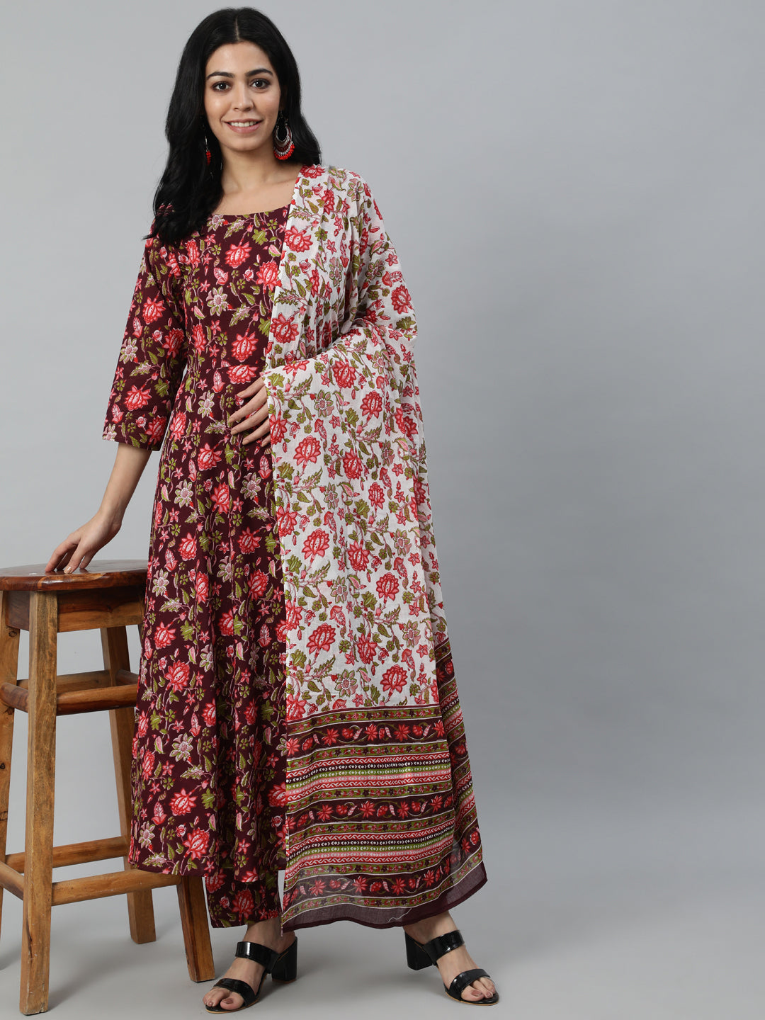 Women Burgundy Printed Flared Kurta With Trouser & Dupatta