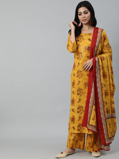 Women Yellow Printed Straight Kurta With Plazo & Dupatta