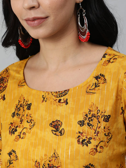 Women Yellow Printed Straight Kurta With Plazo & Dupatta