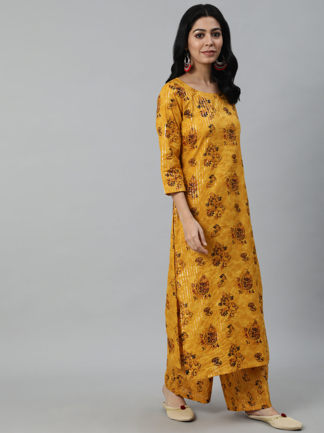 Women Yellow Printed Straight Kurta With Plazo & Dupatta