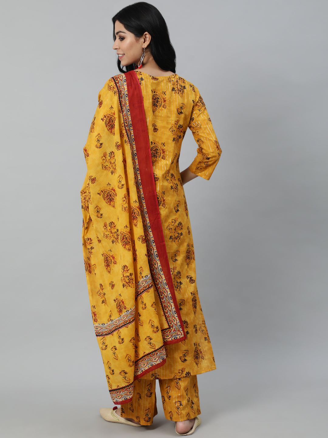 Women Yellow Printed Straight Kurta With Plazo & Dupatta