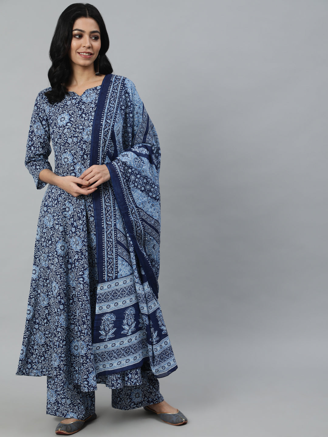 Women Blue Printed Flared Kurta With Trouser & Dupatta