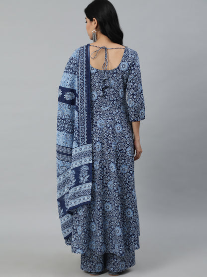 Women Blue Printed Flared Kurta With Trouser & Dupatta