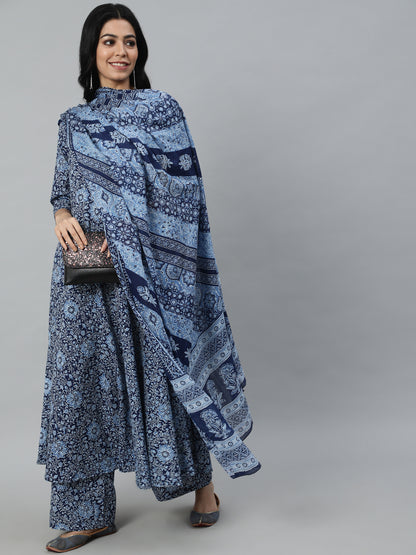 Women Blue Printed Flared Kurta With Trouser & Dupatta