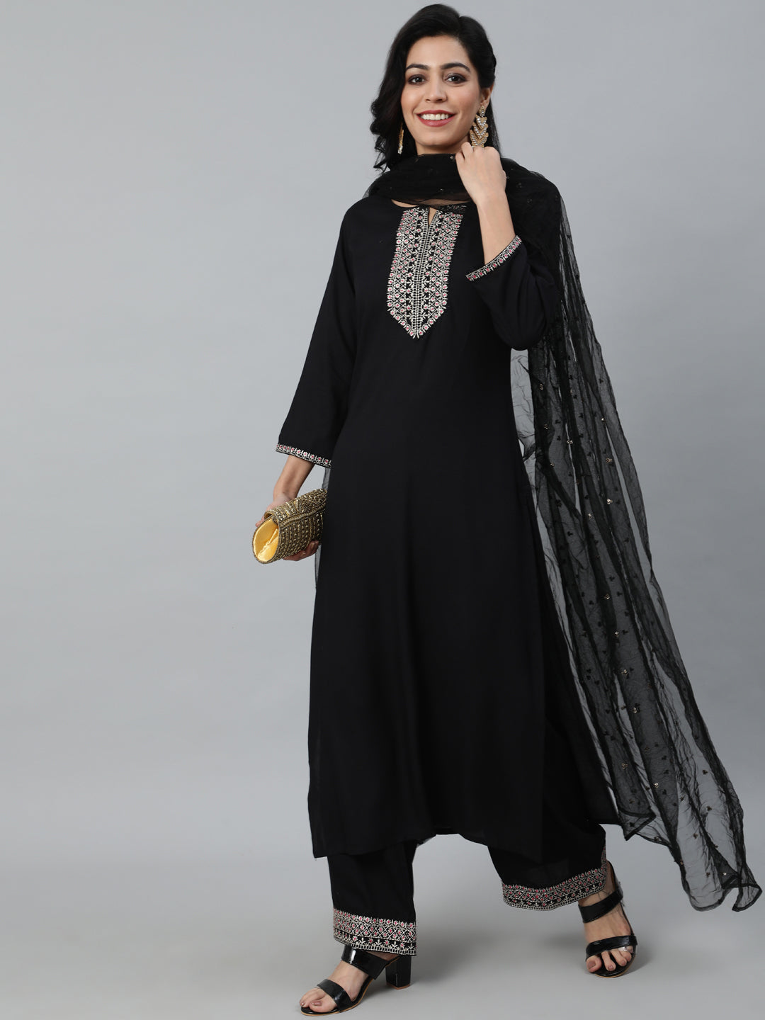 Women Black Embroidered Straight Kurta With Plazo & Dupatta