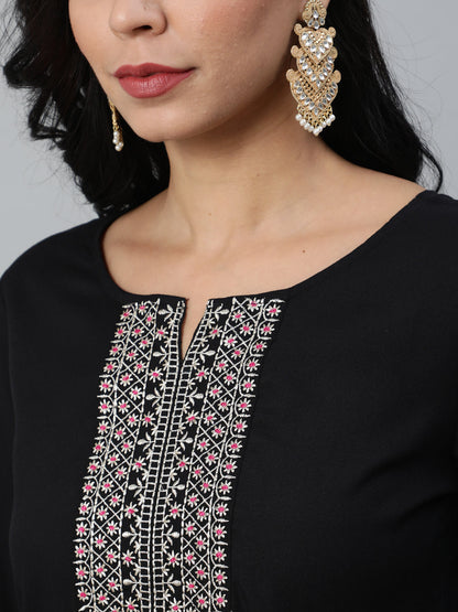 Women Black Embroidered Straight Kurta With Plazo & Dupatta