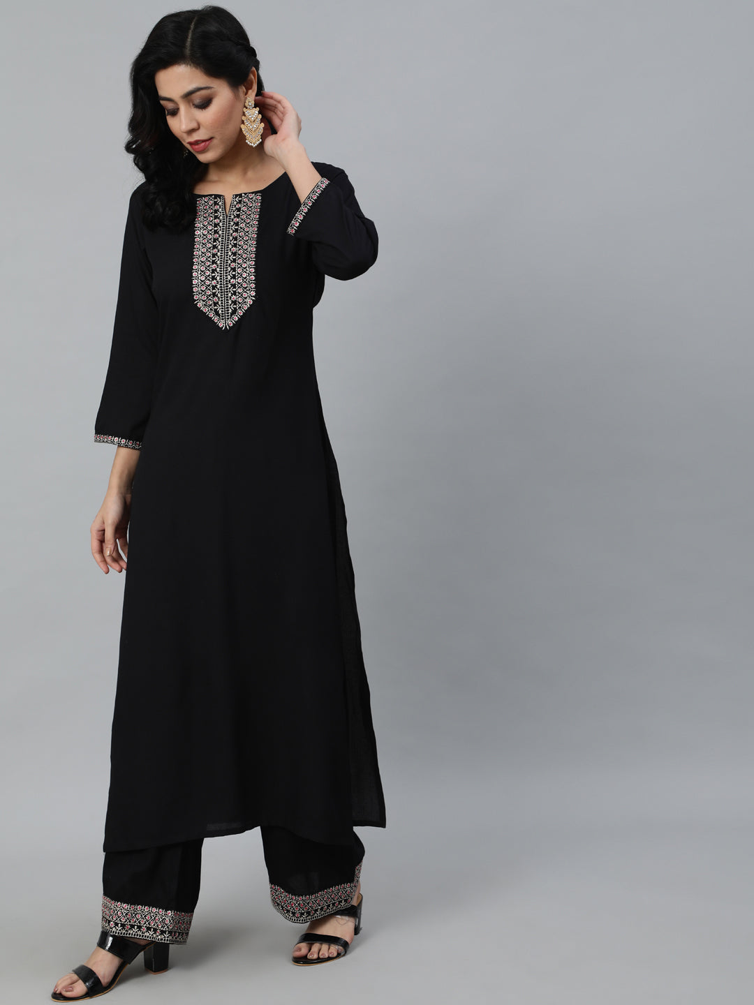 Women Black Embroidered Straight Kurta With Plazo & Dupatta