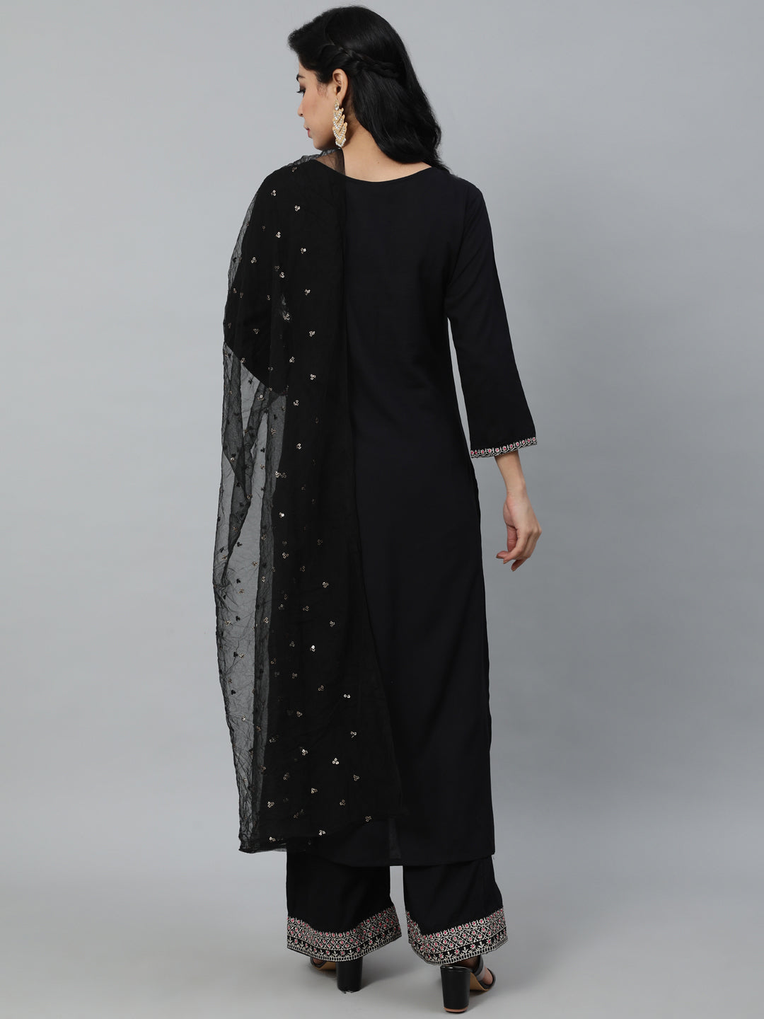 Women Black Embroidered Straight Kurta With Plazo & Dupatta