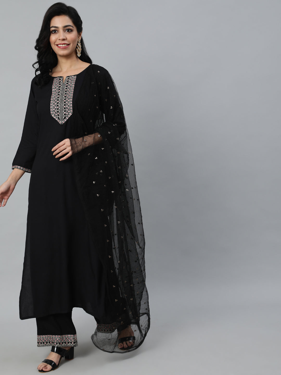 Women Black Embroidered Straight Kurta With Plazo & Dupatta