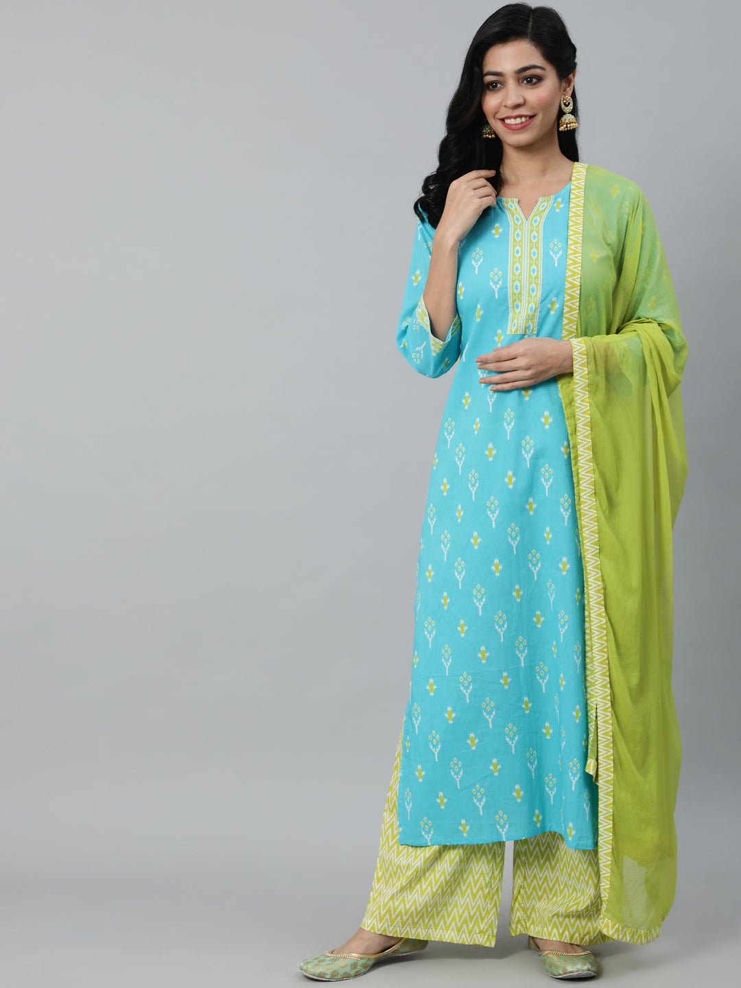 Women Blue & Green Printed Straight Kurta With Plazo & Chiffon Dupatta