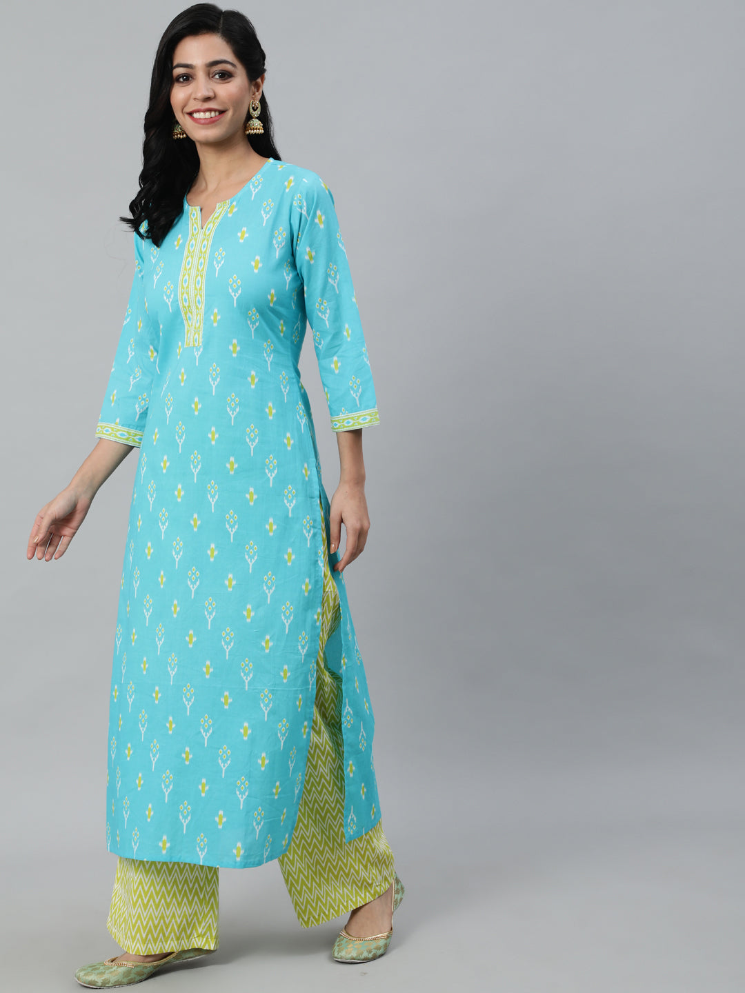 Women Blue & Green Printed Straight Kurta With Plazo & Chiffon Dupatta